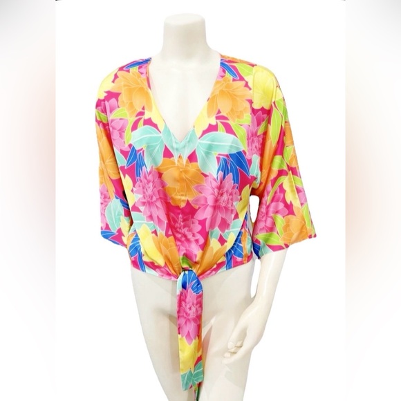Boston Proper Tops - Boston Proper Mirrored Blooms Kate Tie Front Charmeuse Blouse Small Floral